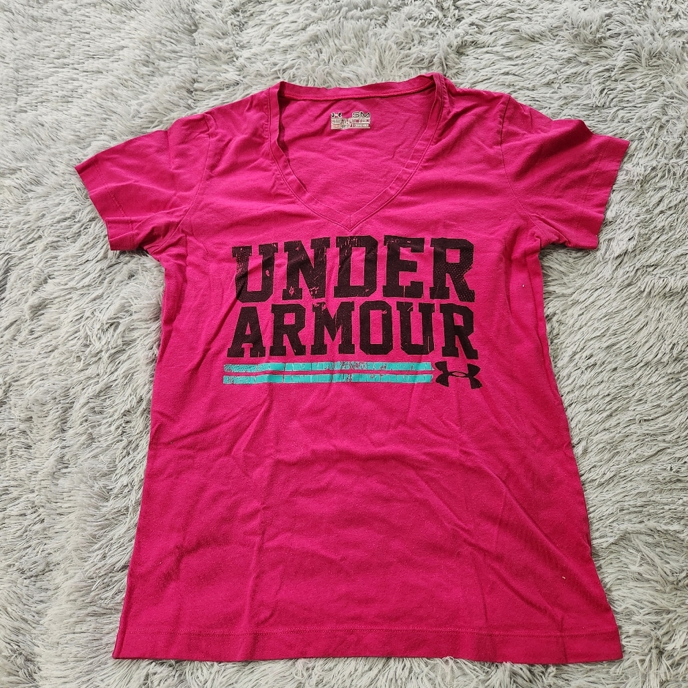 Under Armour Pink Black Logo HeatGear Semi-Fitted V-Neck Tee Shirt
